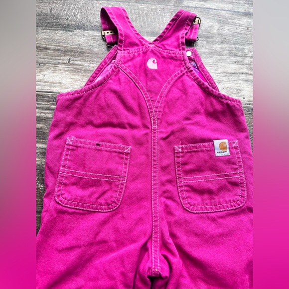 Y2K VTG pink Carhartt Embroidered denim overalls w/ pink plaid flannel lining - Picture 6 of 11